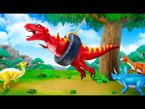 Big Trex vs Funny Dinosaurs -Slider & Swing | Triceratops, Parasaurolophus Raptor | Dinosaurs Comedy