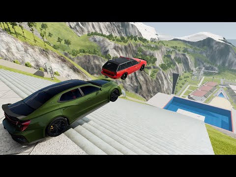 Stairs Jumps Down In Big Pool (Crash Test) Insane Jumps - BeamNG.drive Down Stairs Jumps In Pool