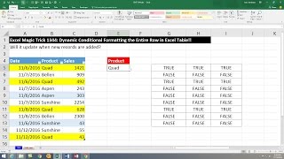 Excel Magic Trick 1344: Conditional Formatting the Entire Row in an Excel Table: Totally Dynamic!!