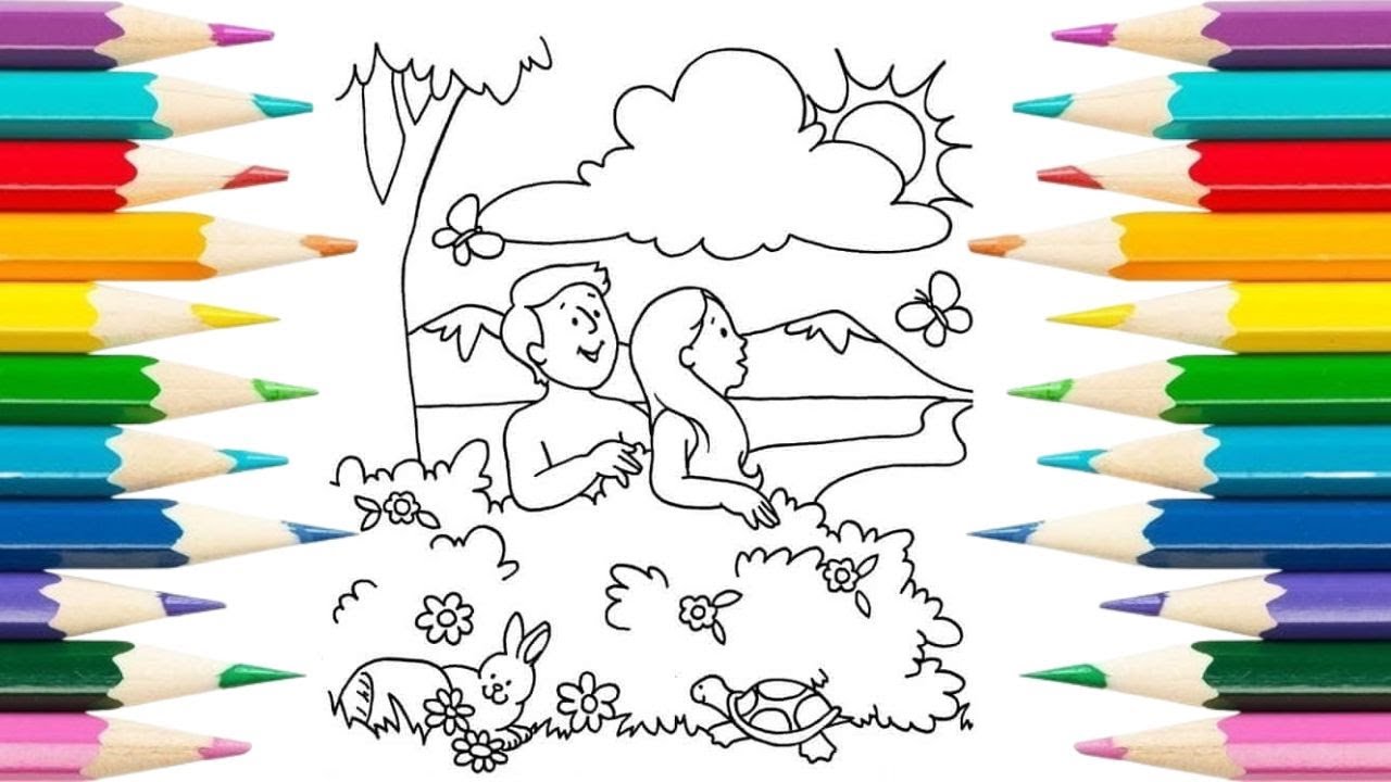 Watch Now Colorindo desenho: Adão e Eva no Paraíso. Lindo desenho para pintar. Colorindo histórias da Bíblia. Colorindo desenho: Adão e Eva no Paraíso. Lindo desenho para pintar. Colorindo histórias da Bíblia.