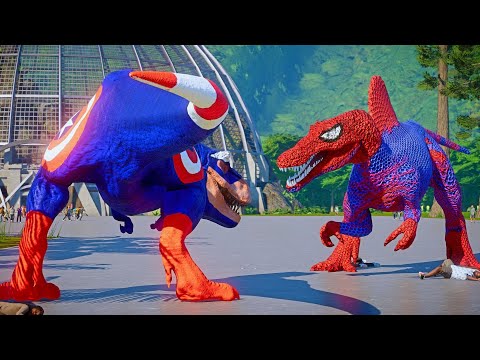 CAPTAIN AMERICA T-REX vs SPIDER-MAN Spinosaurus! Iron Man I-Rex & Batman King Shark Fight in JWE 💥