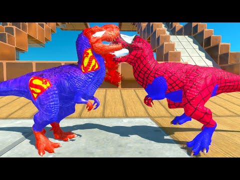 Dinosaur Superman vs Spiderman Falling Race T-rex Death Battle - Animal Revolt Battle Simulator