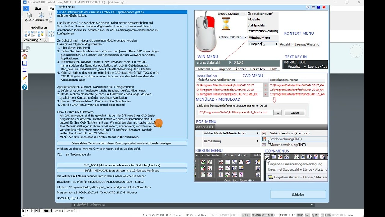 Artifex CAD Menüs Einstellen