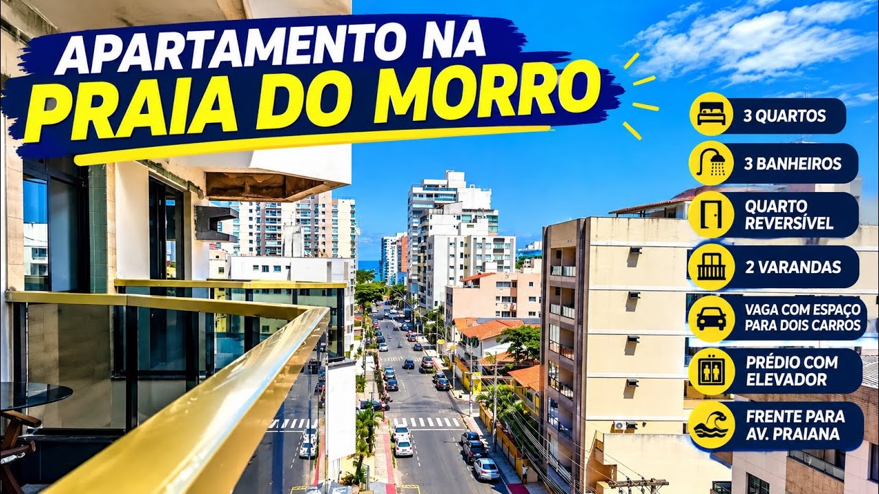 Praia do Morro em Guarapari com 3 quartos, 3 banheiros, 2 varandas, elevador e vaga