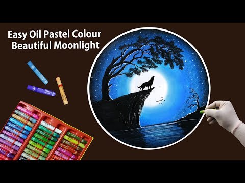 Beautiful Moonlight Scenery Drawing with Oil Pastels-Step by Step