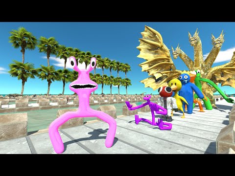 Rainbow Friends Pink vs Ghidorah COCONUT ISLAND DEATH RUN - Animal Revolt Battle Simulator