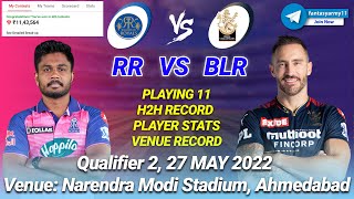 RR vs BLR LIVE Team | RR vs BLR Prediction | RR vs BLR Live | Qualifier 2