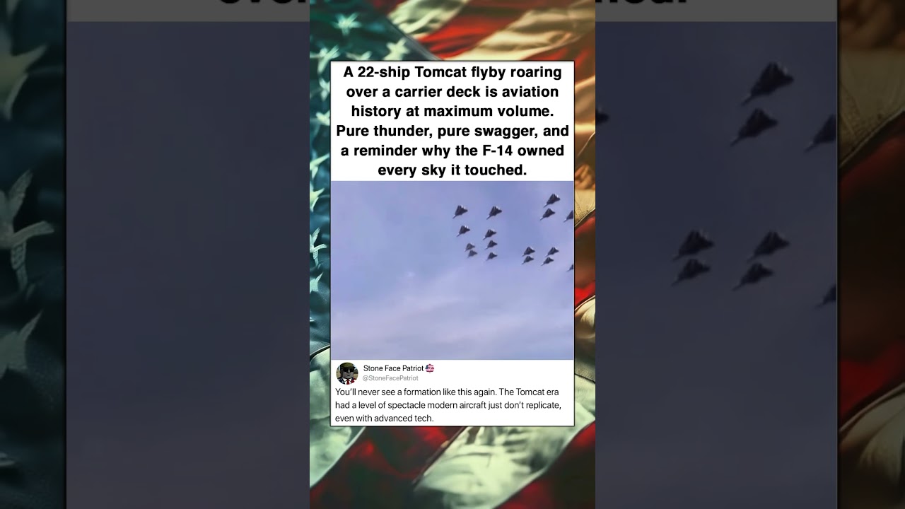 A 22-ship Tomcat flyby roaring over a carrier deck is aviation history at maximum volume. Pure