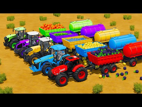 LAMBORGHINI vs JOHN DERRE vs FENDT vs CLAAS vs JCB TRACTORS BATTLE WITH FRUITS & FUEL TANKS - Farmin