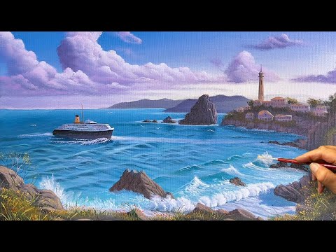 How to Draw Seascape Painting “#98” / Ocean Waves & Lighthouse Scene / Acrylic Painting | LDL ART