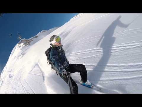 Dropping down a fresh ridge at the sache run in Tignes