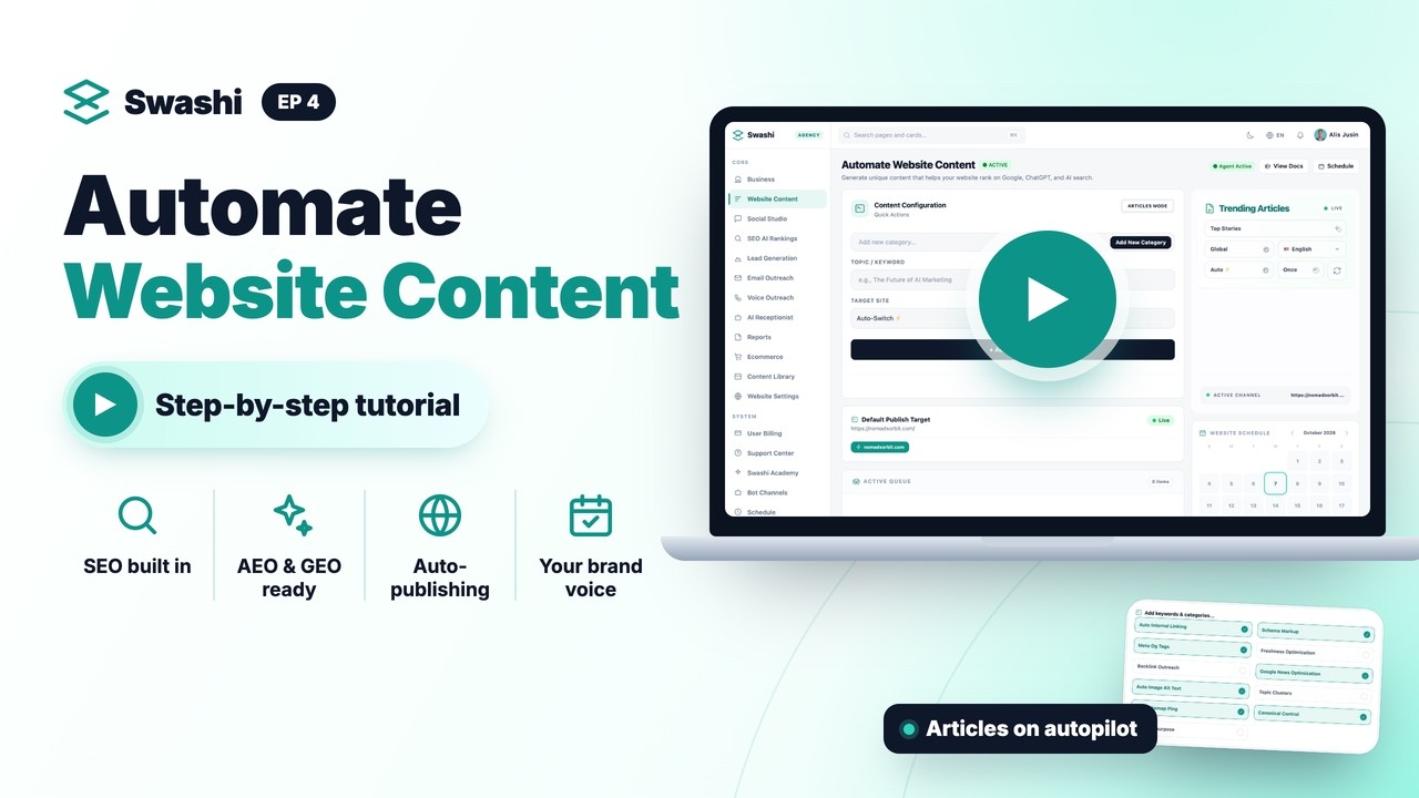 Video thumbnail — Automate content for SEO, AEO & GEO, a Swashi tutorial