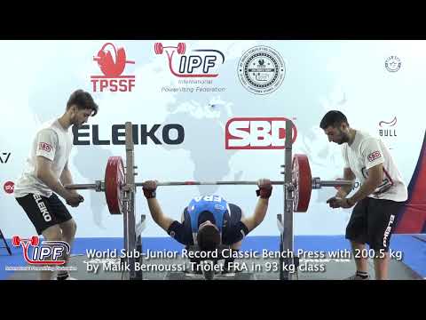 World SJr Record Classic Bench Press with 200.5 kg by Malik Bernoussi Triolet FRA in 93 kg class