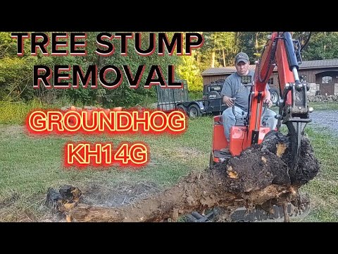 Gardner's Groundhog Mini Excavator digging up a Stump with a Ripper attachment.