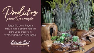 Sugestão de vasos e arranjos de folhas, arbustos e flores artificiais.