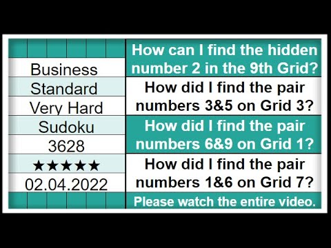 🔊🔴How to Solve Business Standard Very Hard Sudoku Step by Step Solution | 3628 |02.02.2022