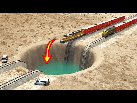 Trains vs Giant Water Pit - BeamNG Drive