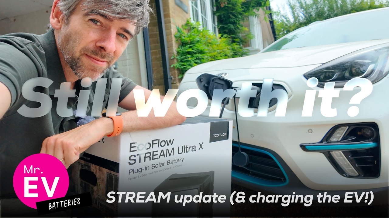 Plug-in home solar battery unit connected to rooftop panels in a UK garden