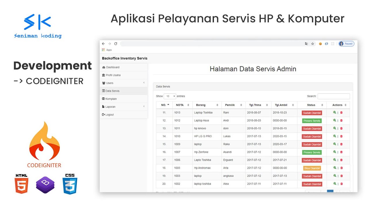 seniman koding, doni asrul afandi, doni afandi, Aplikasi Pelayanan Manajemen Servis Hp & Komputer Multi User | CODEIGNITER - Seniman Koding