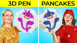 RICH VS POOR VS MOMMY LONG LEGS ART CHALLENGE || Pancake Art vs 3D Pen! Who is better? by 123 GO!