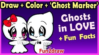 How to Draw and Color CUTE Ghost Couple in LOVE - Easy Cartoon Drawings Halloween Fun2draw