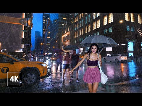 Walking in Heavy Thunderstorm at Night in NYC Flooded Manhattan
