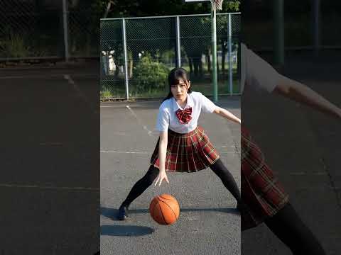 制服姿の女子高生がドリブルをしている
