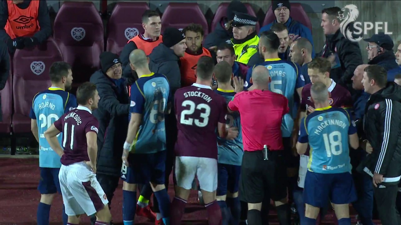 Watch touchline bust-up from Hearts v Hamilton