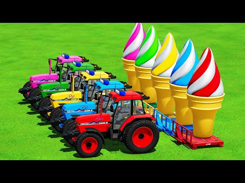 TRANSPORT & LOAD BIG ICE CREAM & TANKER ON MUDDY ROAD w/ CASE POLICE TRACTORS! Farming Simulator 22