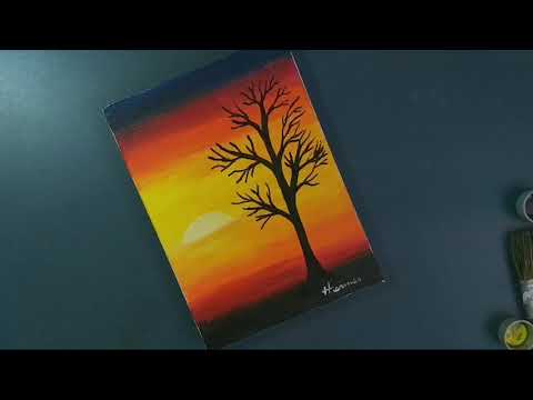 Pintura simples pôr do sol com árvore.