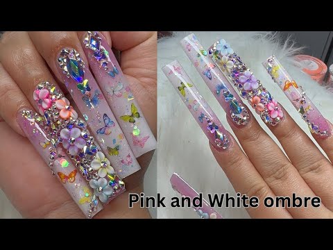 Super Easy pink &white ombre Tutorial |Butterflies 🦋 + 3d Flowers #nailart ✨✨