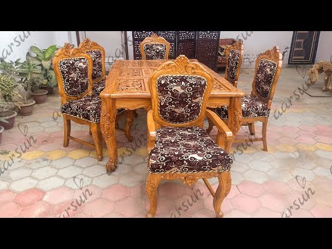 Rectangular hand-carved wooden dining set, 6 seater