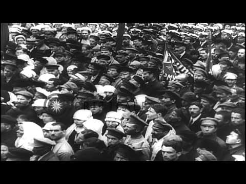 Bolshevik Leaders harangue public in Russia. Mikhail kalinin gives speech and min...HD Stock Footage