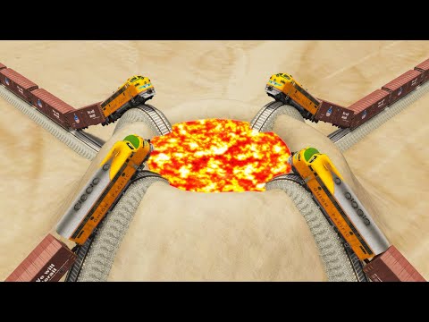 Trains Vs Impossible Lava Crater Crossover Rail Tracks - BeamNG.Drive