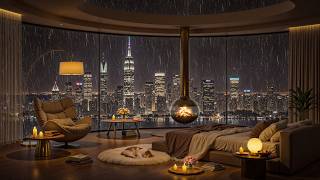 Rain Sounds for Sleep 🌧️ Cozy Bedroom Fireplace with New York City Night View 4K
