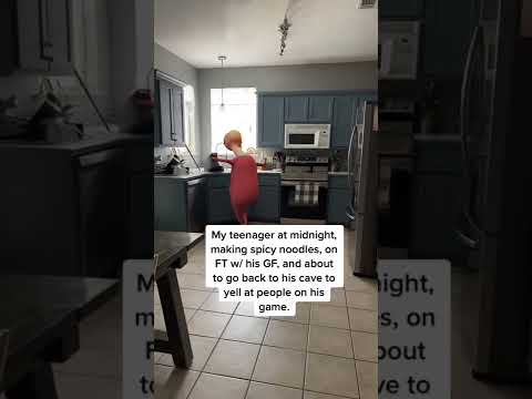 My teenager at midnight, making spicy noodles on FT w/ his GF