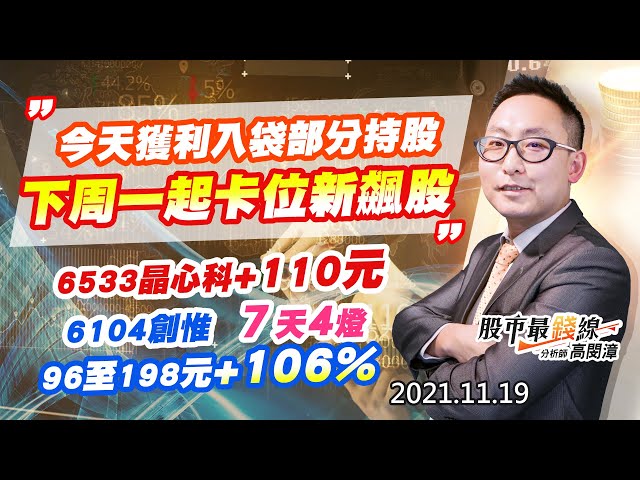 20211119《股市最錢線》#高閔漳，“今天獲利入袋部分持股，下周一起卡位新飆股”” 6533晶心科+110元，6104創惟，7天4燈，96至198元+106%”