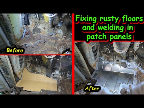 Cutting out rusty floors and welding in patch panels on our 1955 Chevy Napco Clone.