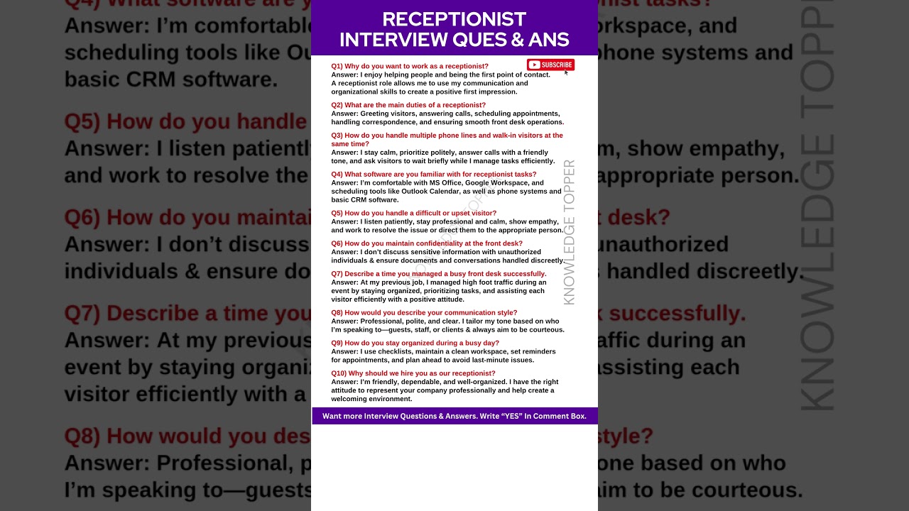 Receptionist Interview Questions and Answers | Receptionist Job Interview Questions and Answers