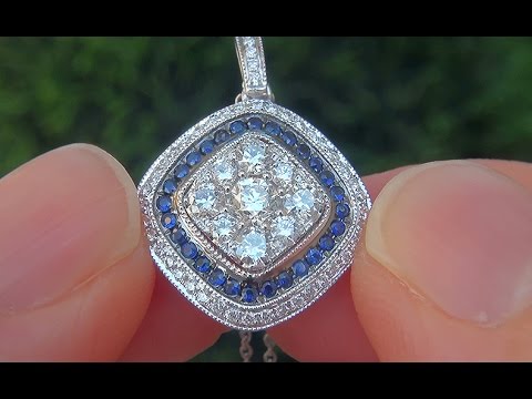 NEW Certified Natural Blue Sapphire Diamond 14k White Gold Pendant Necklace - C413