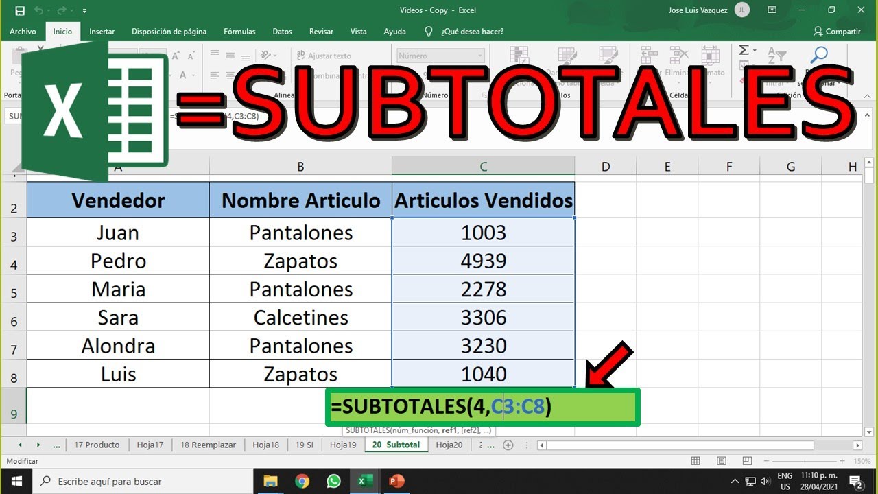 Excel Formula Subtotal | Como usar formula subtotal en Excel