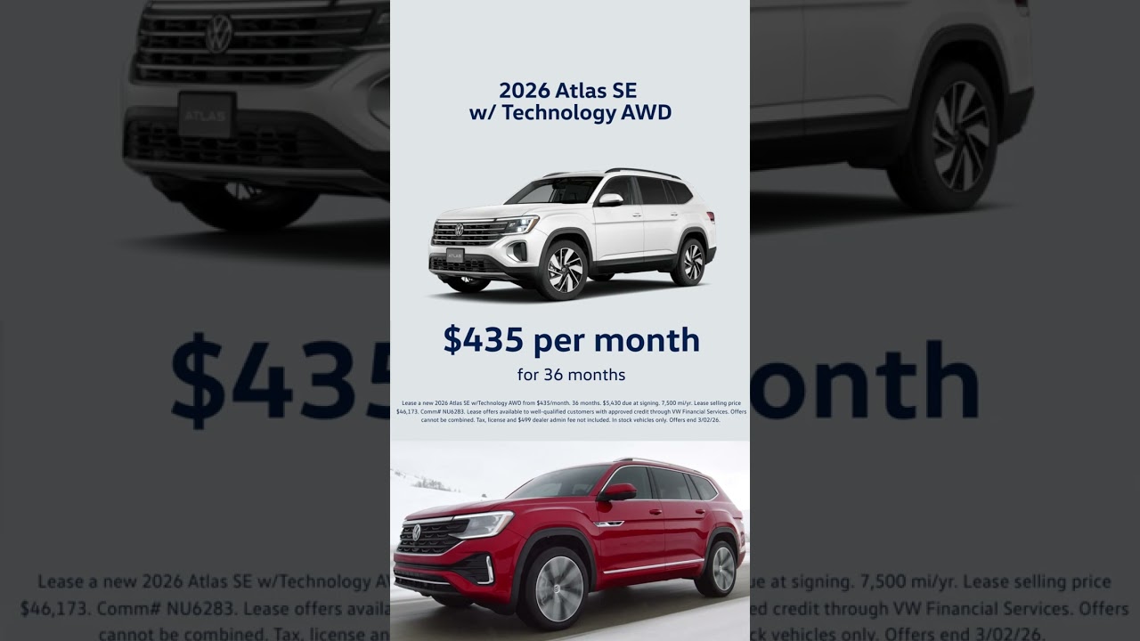 2026 VW Atlas and Tiguan February offer ads for Bud Brown Volkswagen