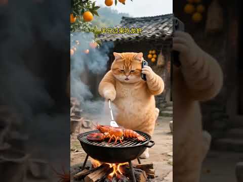 Fat Orange Cat and Shrimp Friend #cat #aicat #fatcat #orangecat #cat2025 #animals