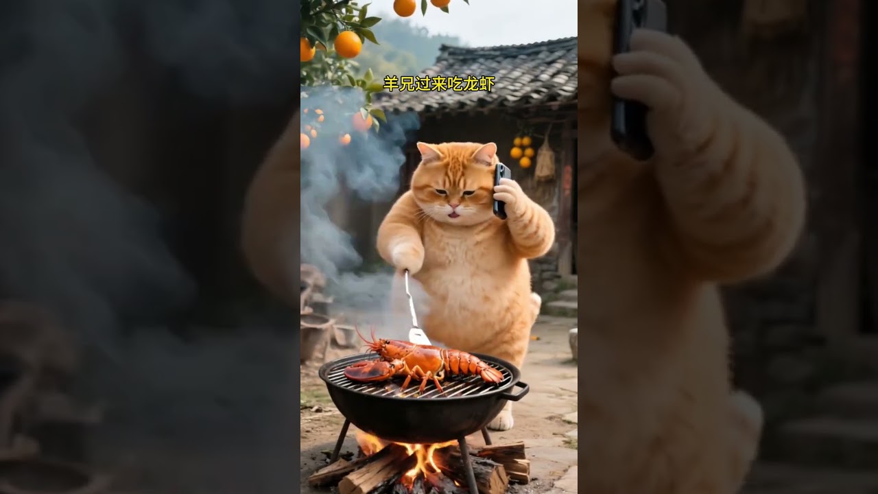 Fat Orange Cat and Shrimp Friend #cat #aicat #fatcat #orangecat #cat2025 #animals