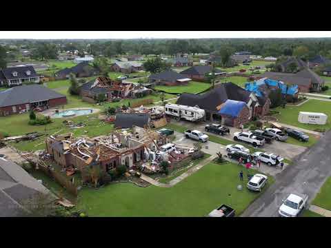 10-27-2021 Lake Charles, LA - Drone Tornado Aftermath - Brick Homes Severely Damaged - Cleanup Ops