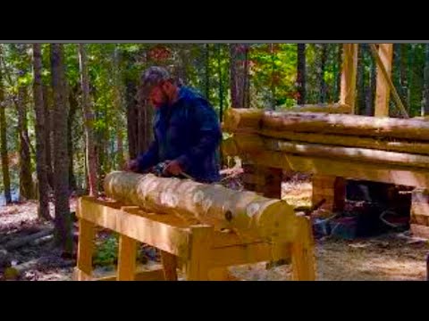 Woodland,wilderness building an off grid log cabin , woodwork, self reliance, alone In the forest