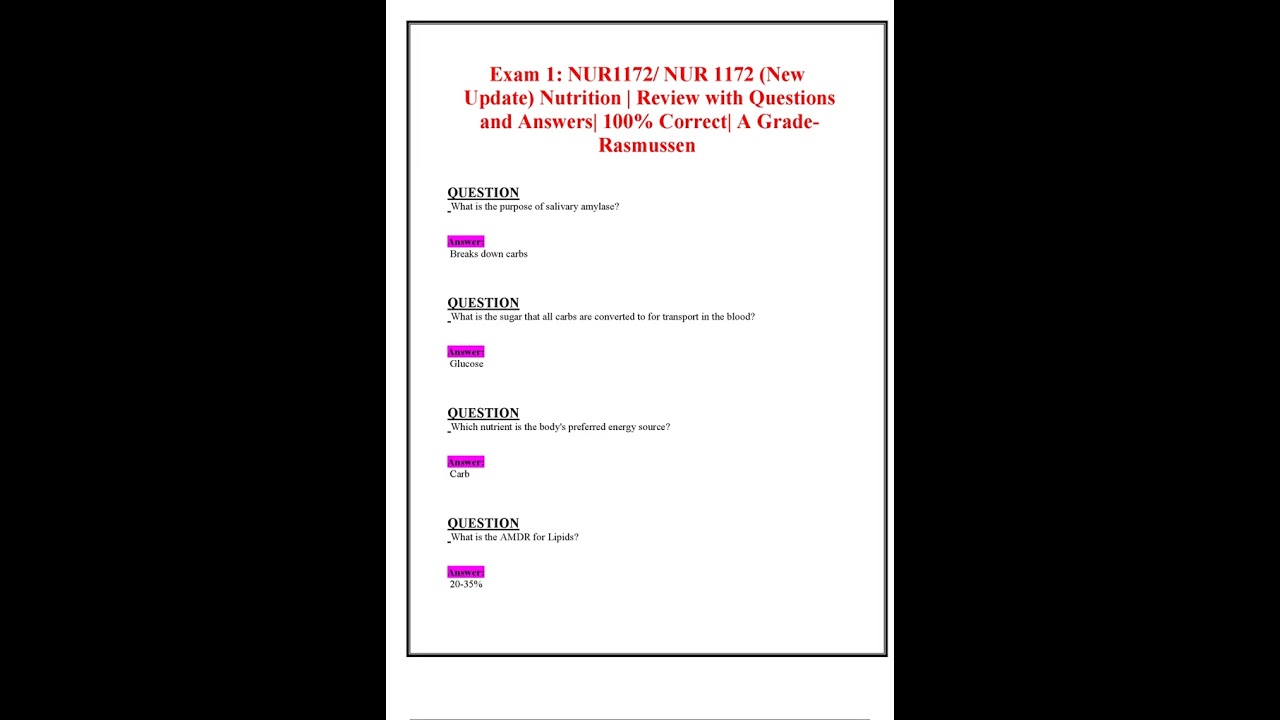 EXAM 1 NUR1172 NUR 1172 NEW 2024 2025 UPDATE NUTRITION REVIEW WITH QUESTIONS AND ANSWERS 100 CORRECT