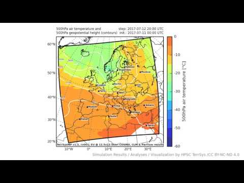 TerrSysMP monitoring run 2017-07-11 - 500hPa air temperature aund geopotential - Europe (72h)