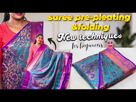 Saree pre-Pleating 🥻and BOX folding NEW TECHNIQUES FOR BEGINNERS 💯✅ #trending #tutorial #silksaree