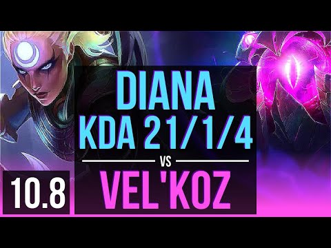 DIANA vs VEL'KOZ (MID) | KDA 21/1/4, 2 Triple Kills, Legendary | EUW Grandmaster | v10.8